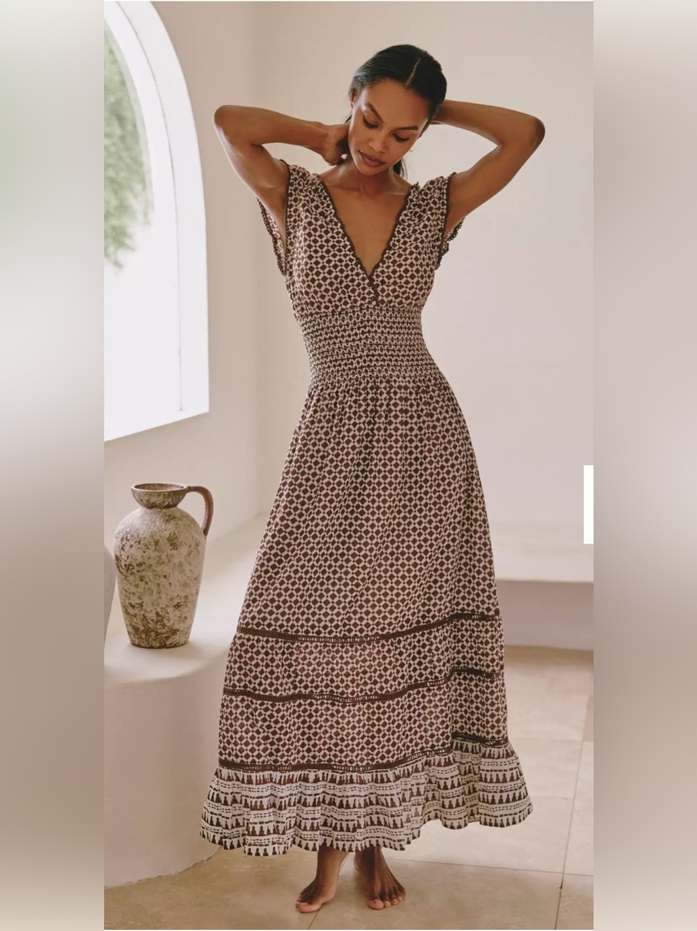 Anthropologie Brown and Cream Printed Maxi Dress with Scalloped V-Neck